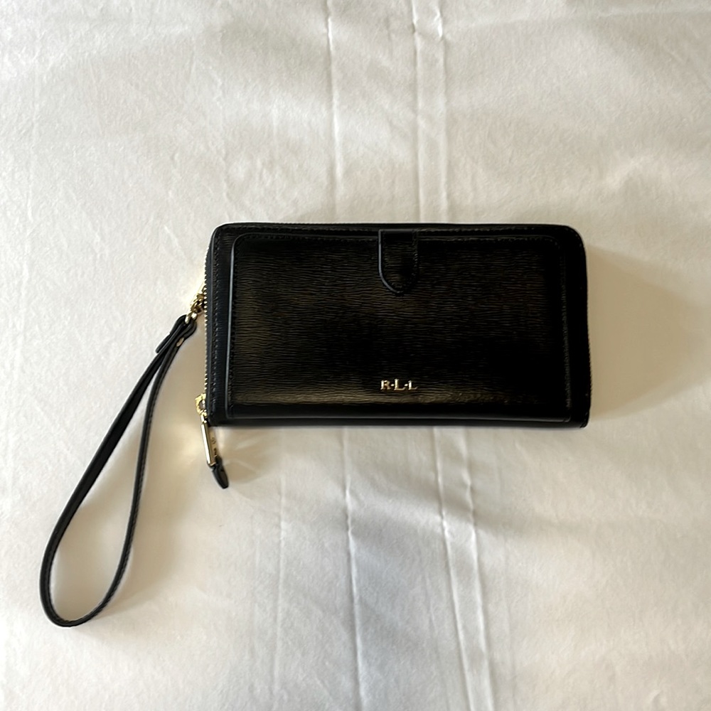 Ralph Lauren Black leather wristlet, almost new. Great for phone & credit cards